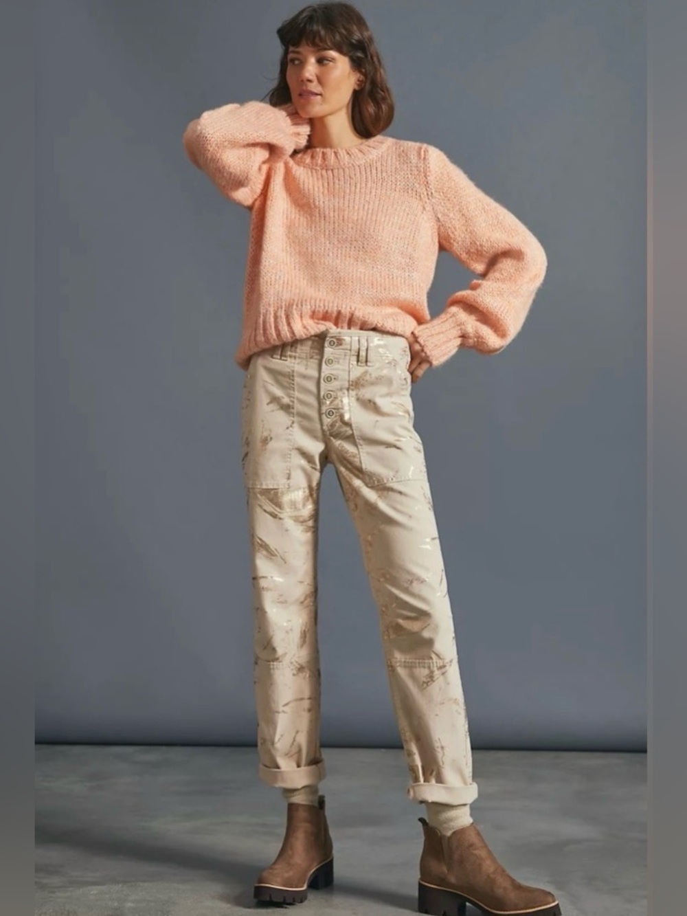 Anthropologie Pilcro Wanderer Gold Metallic Boyfriend Utility Pants Size 26